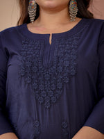 Thumbnail for Yufta Navy Blue Floral Plus Size Chikankari Kurti Women - Distacart