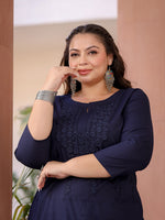 Thumbnail for Yufta Navy Blue Floral Plus Size Chikankari Kurti Women - Distacart