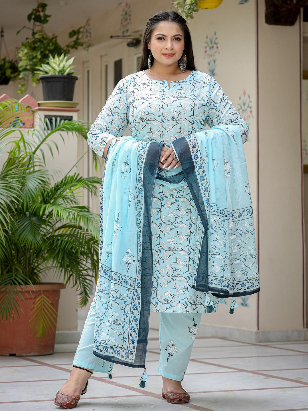 Yufta Plus Size Floral Cotton Kurta Dupatta Set - Distacart