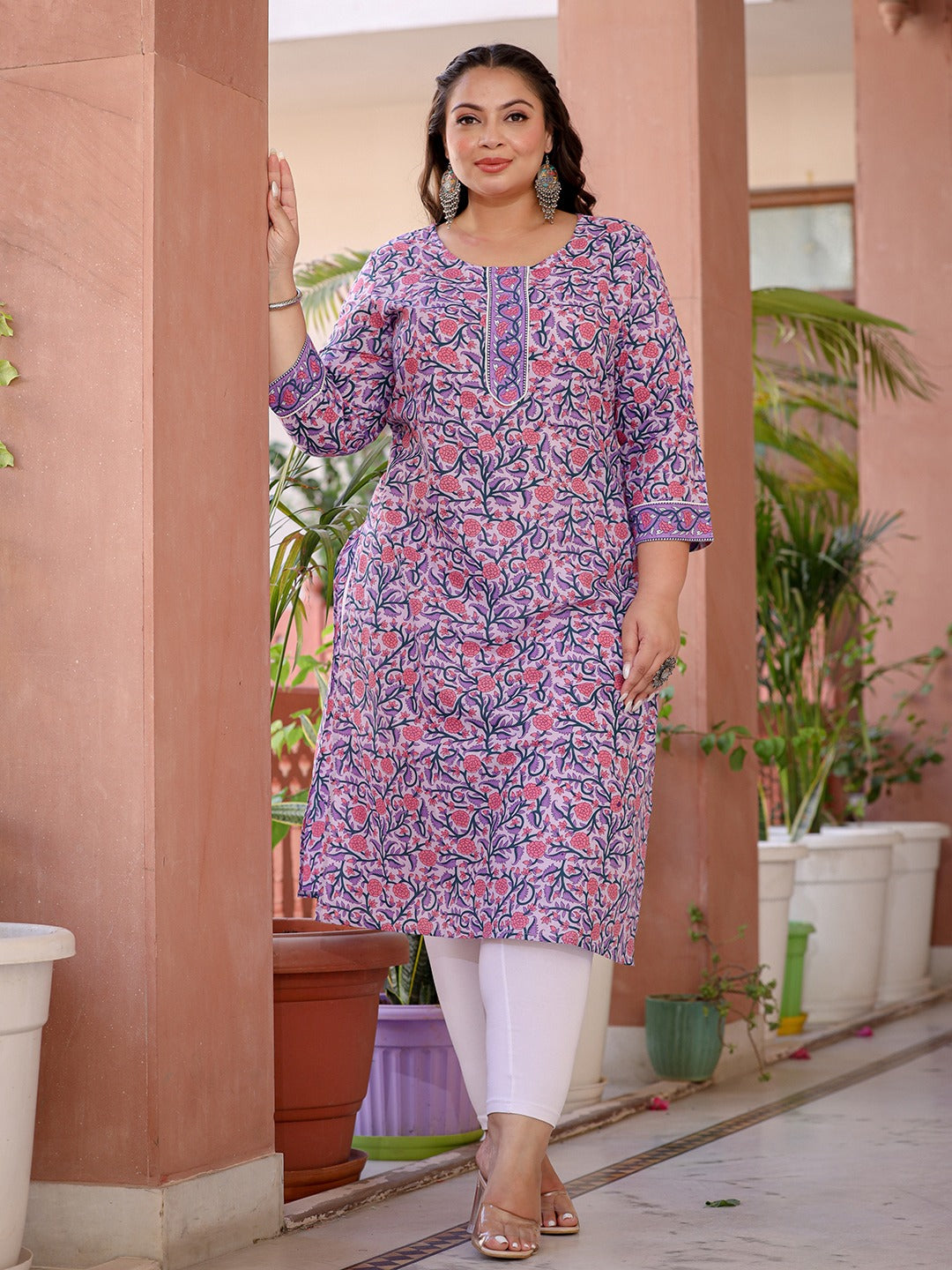 Yufta Lavender & Pink Floral Printed Plus Size Kurta - Distacart