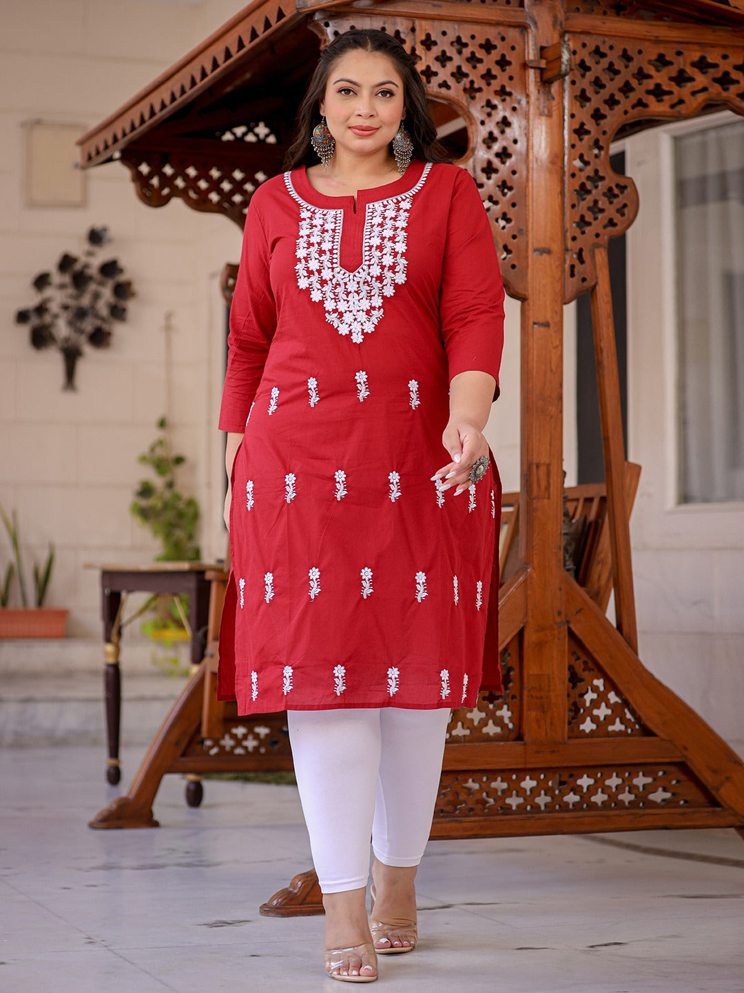 Yufta Maroon & White Embroidered Plus Size Chikankari Kurti - Distacart