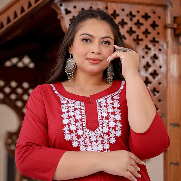 Yufta Maroon & White Embroidered Plus Size Chikankari Kurti - Distacart