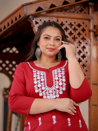 Yufta Maroon & White Embroidered Plus Size Chikankari Kurti - Distacart