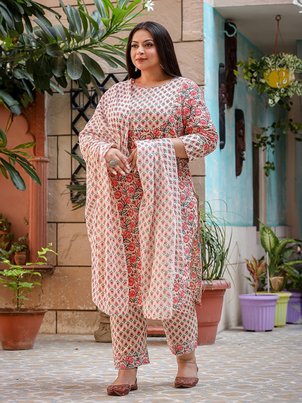 Yufta Plus Size Floral Printed Regular Pure Cotton Kurta with Trousers & Dupatta - Distacart