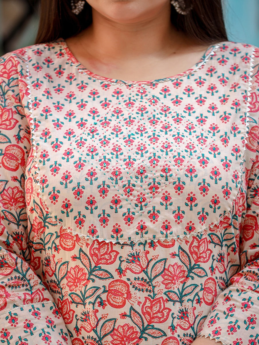 Yufta Plus Size Floral Printed Regular Pure Cotton Kurta with Trousers & Dupatta - Distacart