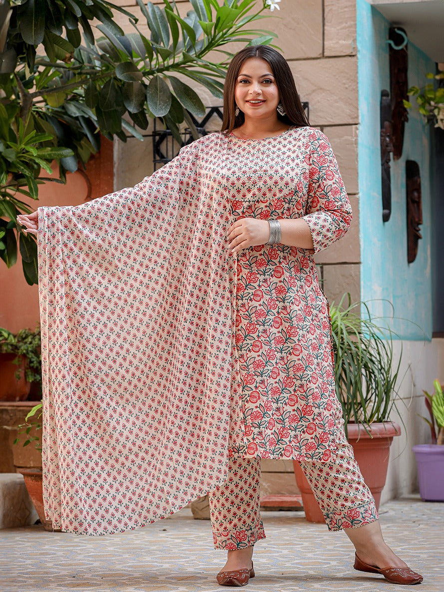Yufta Plus Size Floral Printed Regular Pure Cotton Kurta with Trousers & Dupatta - Distacart