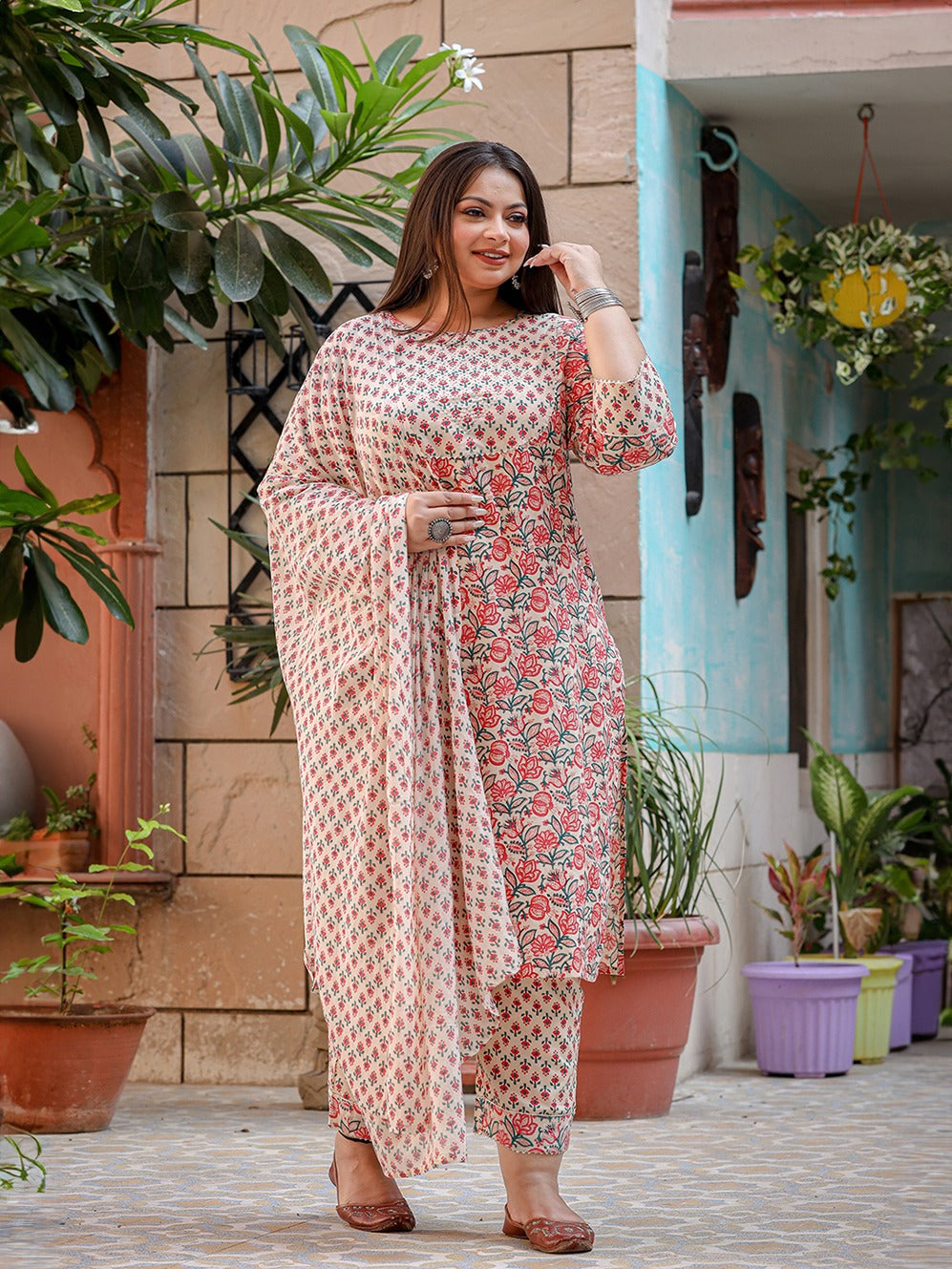Yufta Plus Size Floral Printed Regular Pure Cotton Kurta with Trousers & Dupatta - Distacart