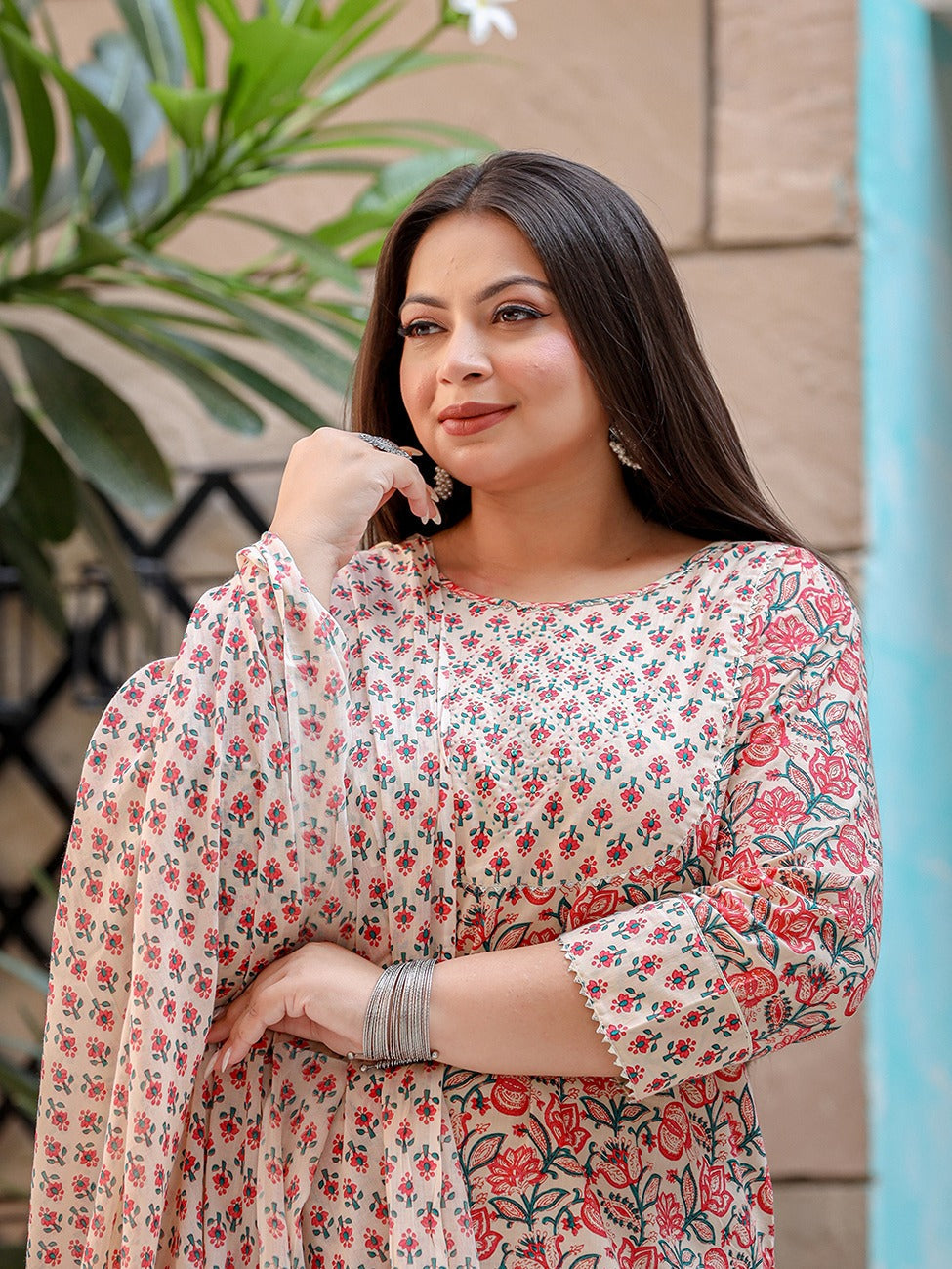 Yufta Plus Size Floral Printed Regular Pure Cotton Kurta with Trousers & Dupatta - Distacart