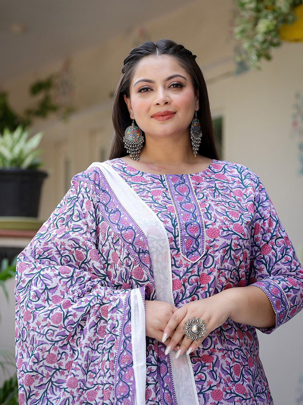 Yufta Plus Size Lavender & White Printed Dupatta Set - Distacart