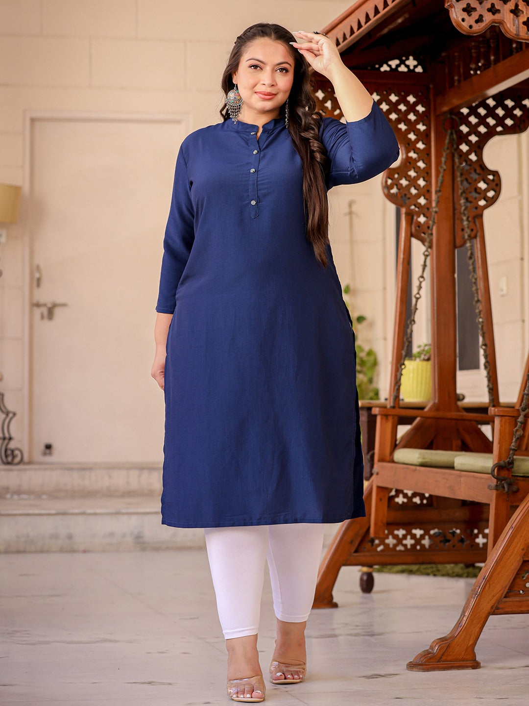 Yufta Blue Plus Size Kurta With Mandarin Collar - Distacart