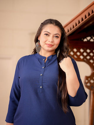Yufta Blue Plus Size Kurta With Mandarin Collar - Distacart