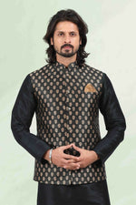 Thumbnail for Raivat Ethnic Jacquard Banarasi Silk Woven Work 3 Pics Jacket Set In Black Colour - Distacart