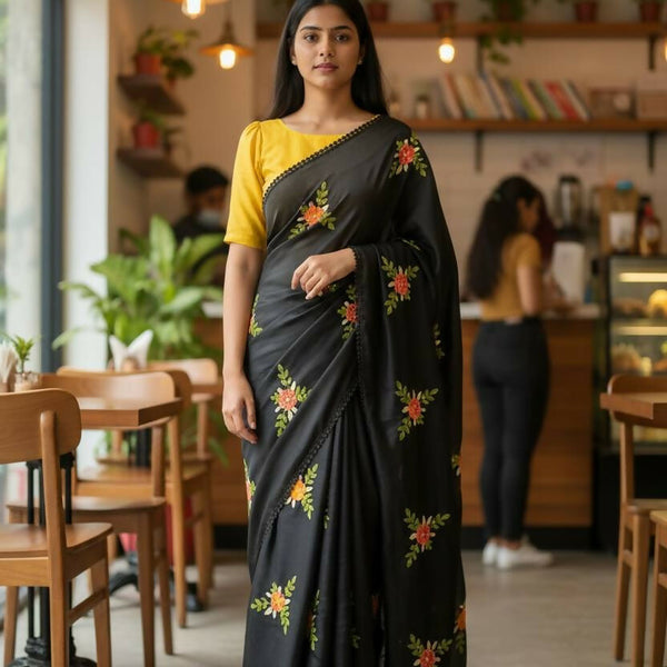 Teeya Creation Black Rangoli Silk Embroidery Work Party Wear Designer Saree - Distacart