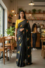 Thumbnail for Teeya Creation Black Rangoli Silk Embroidery Work Party Wear Designer Saree - Distacart