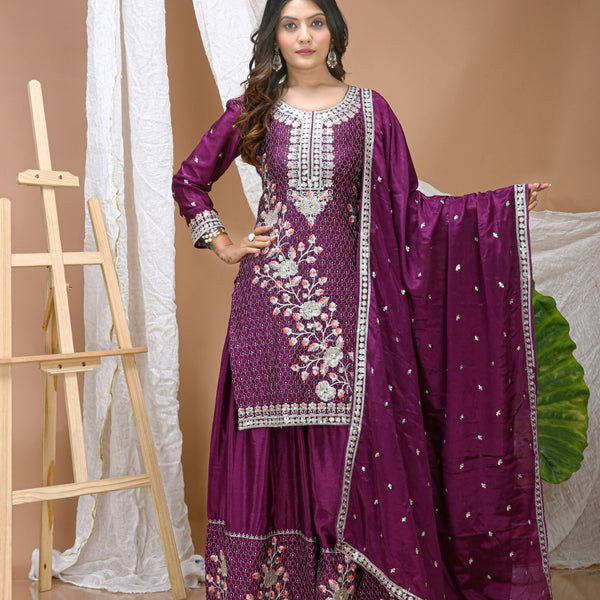Lehenga Mart Designer Sharara Suit With Kurta, Sharara, Dupatta For Women-Wine - Distacart