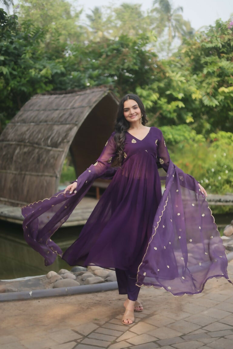 Jyoti Fashion Women's Wine Faux Blooming Embroidered Kurta with Trouser & Dupatta - Distacart