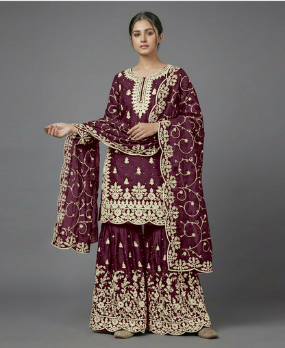 Teeya Creation Womens New Trendy Pure Gmy Silk With Heavy Embroidery Sequence Work Purple Kurta Set - Dista