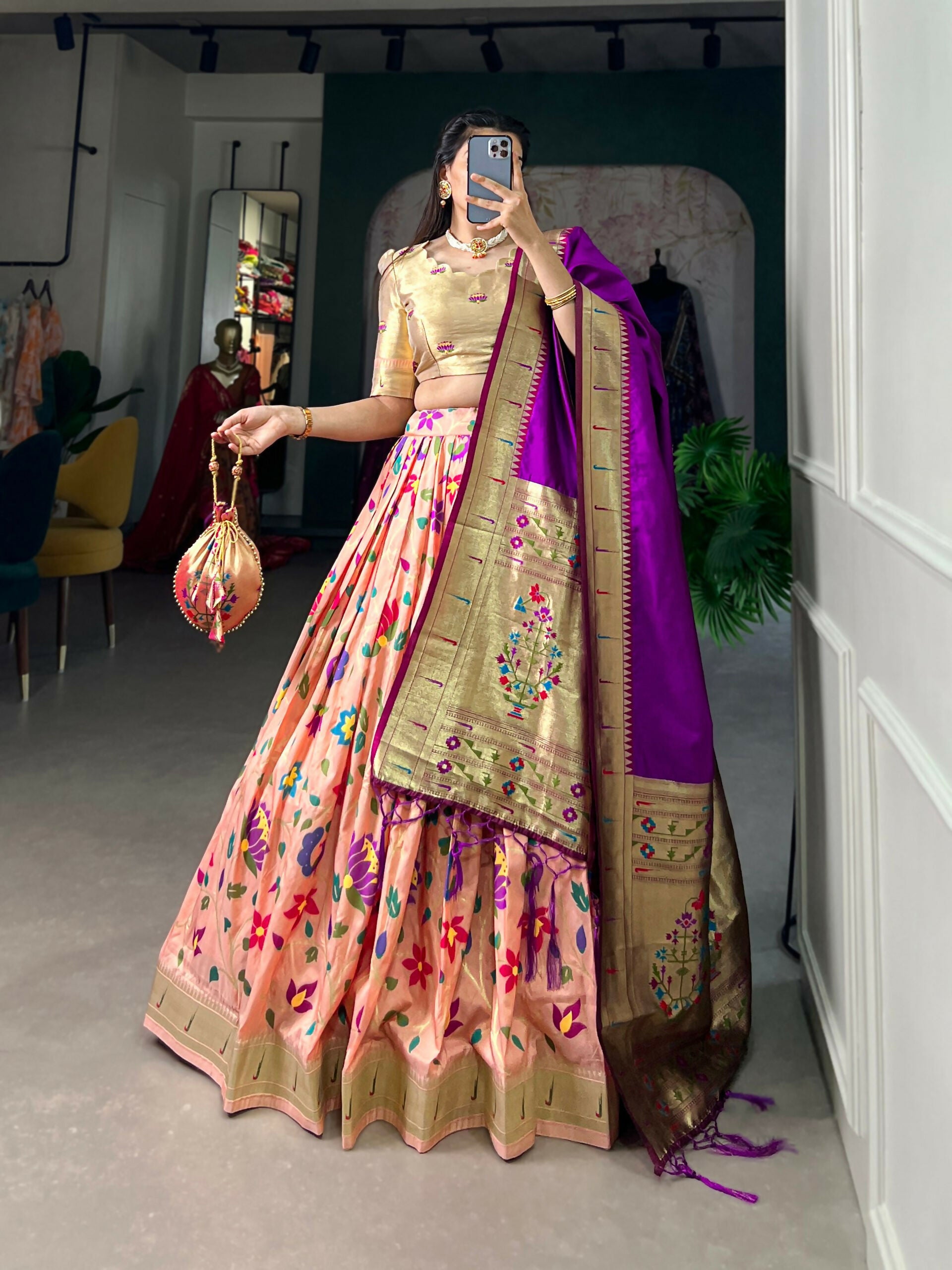 Vastranavya Traditional Jacquard Silk Paithani Lehenga Choli - Peach - Distacart