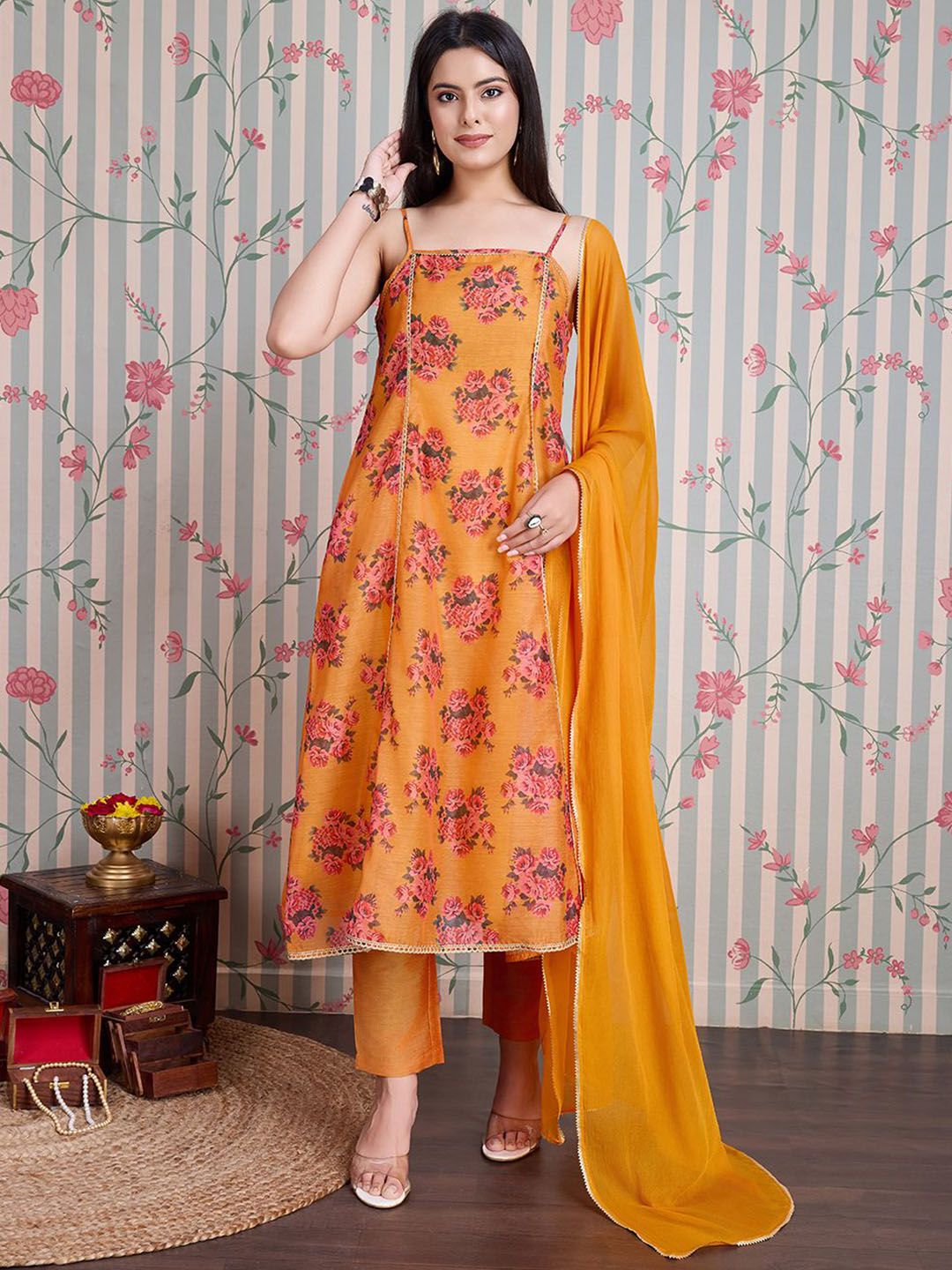 Ode by House of Pataudi Printed Pure Cotton Anarkali Kurta with Trousers & With Dupatta - Distacart