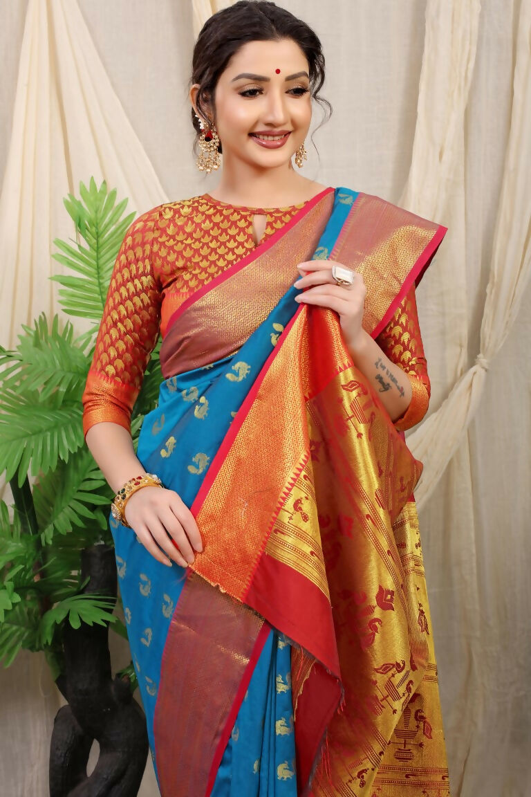 Jyoti Fashion Women's Firozi Banarasi Silk Zari Woven Saree with Blouse - Distacart