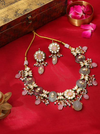 Ruby Raang Gold Polished Green Kundan And Mint Colored Stonework Necklace With Matching Earrings - Distacart