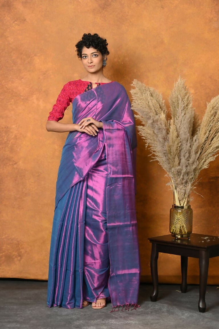 Very Much Indian Fusion Cotton Tissue Shimmer Saree - Dual Tone Purple - Distacart