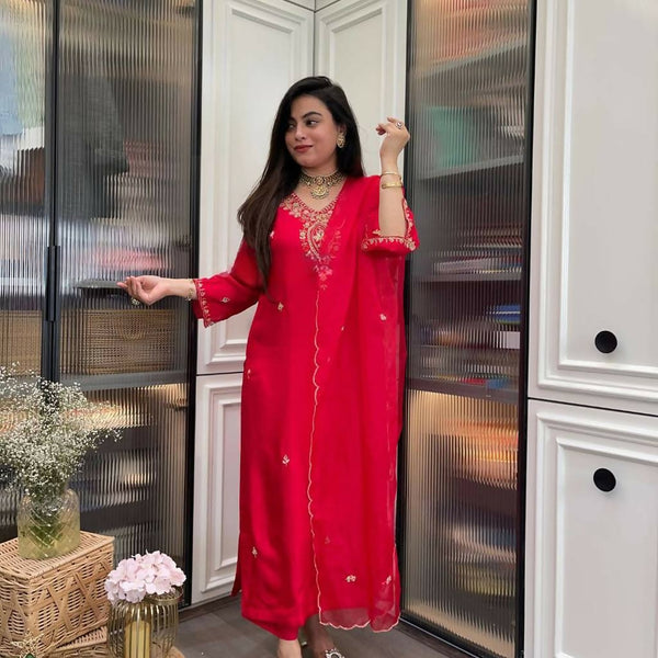 The52 Red Beautiful Embroidered Rayon Fabric Straight Kurta Pant with Dupatta Set - Distacart