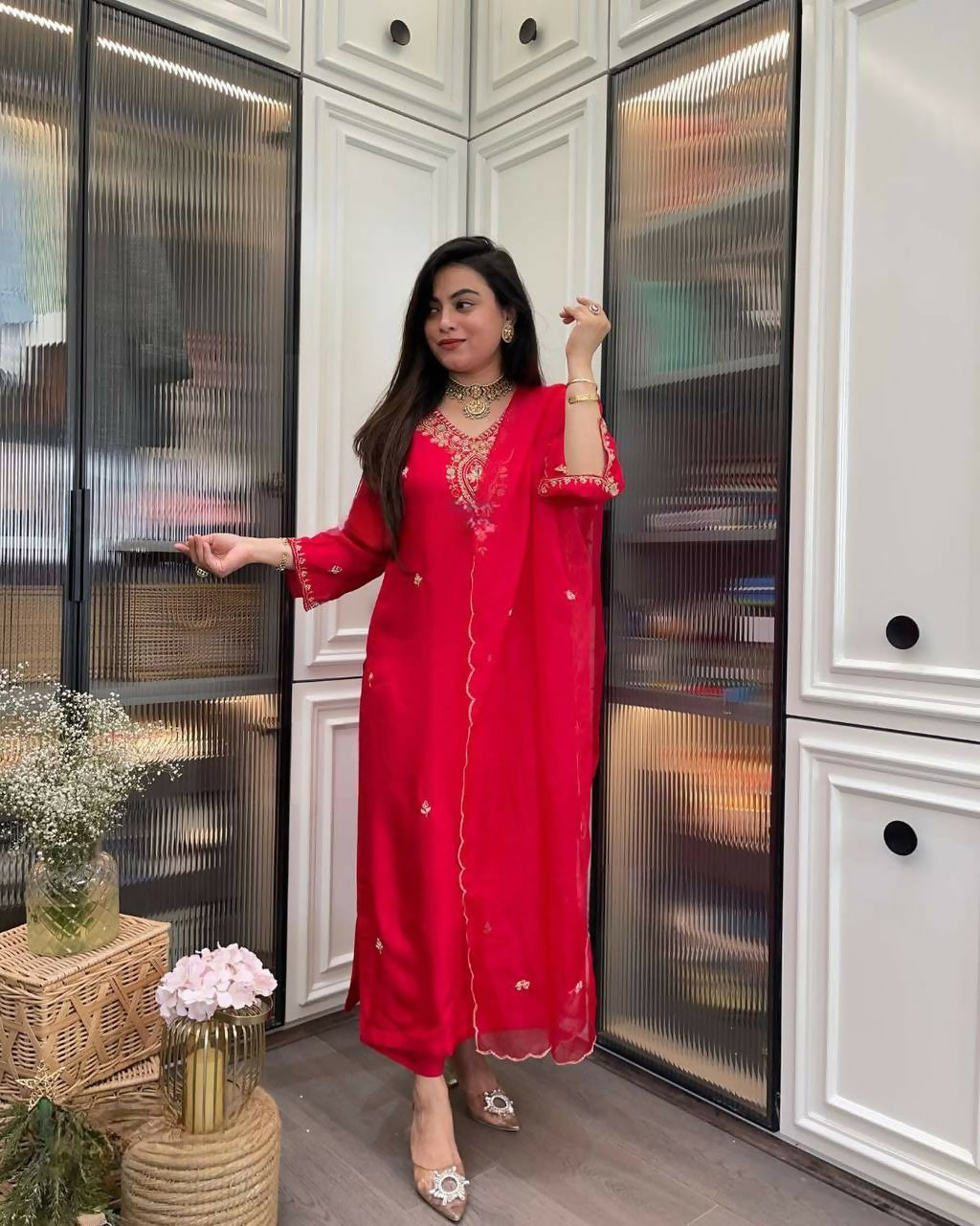 The52 Red Beautiful Embroidered Rayon Fabric Straight Kurta Pant with Dupatta Set - Distacart