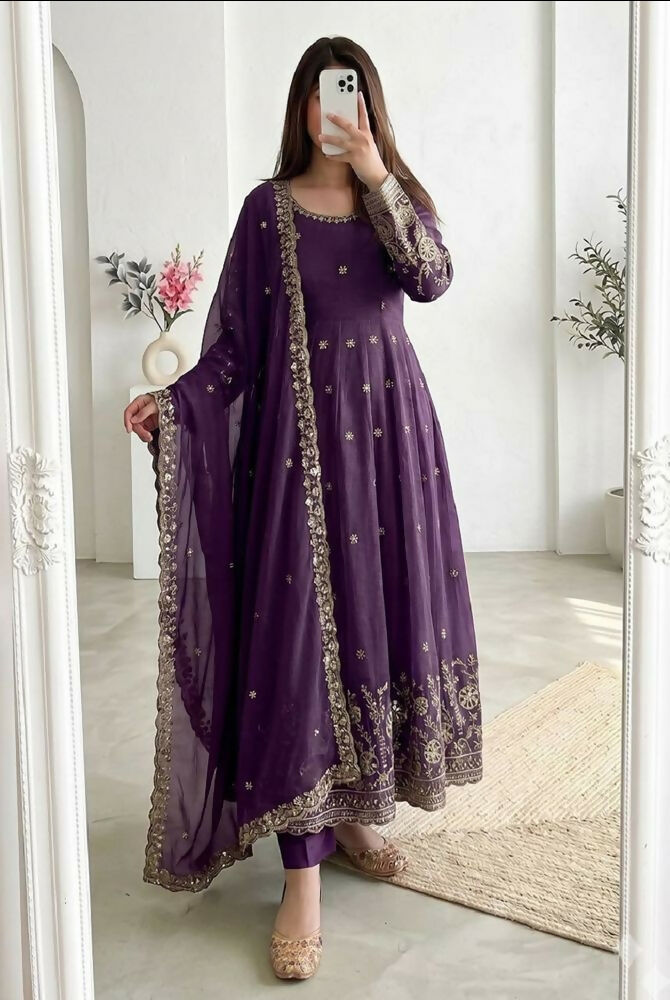 Teeya Creation New Stylish Trendy Elegant Purple Embroidered Anarkali Suit with Dupatta - Dista