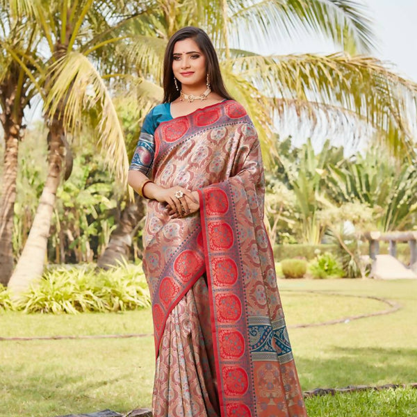 Vastranavya Boutique Collection Kanjivaram Soft Silk Saree With Unstitched Blouse - Light Orange - Distacart