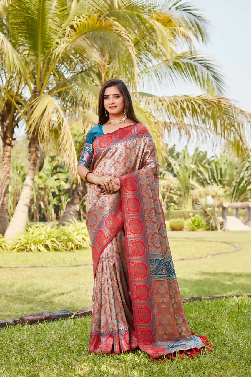 Vastranavya Boutique Collection Kanjivaram Soft Silk Saree With Unstitched Blouse - Light Orange - Distacart