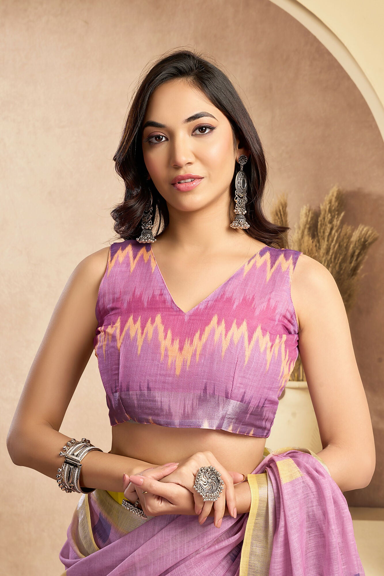 Vastranavya Onion Pink Digital Printed Linen Ready To Wear Pocket Saree with Unstitched Blouse - Distacart