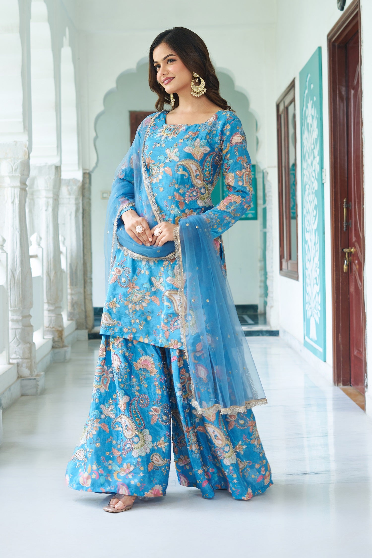 Teeya Creation Multi Color Chinnon Silk With Heavy Embroidery With Positiona Print Fully Stitched Sharara Suit - Distacart