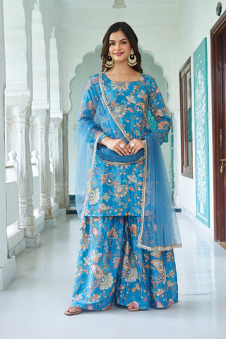 Teeya Creation Multi Color Chinnon Silk With Heavy Embroidery With Positiona Print Fully Stitched Sharara Suit - Distacart