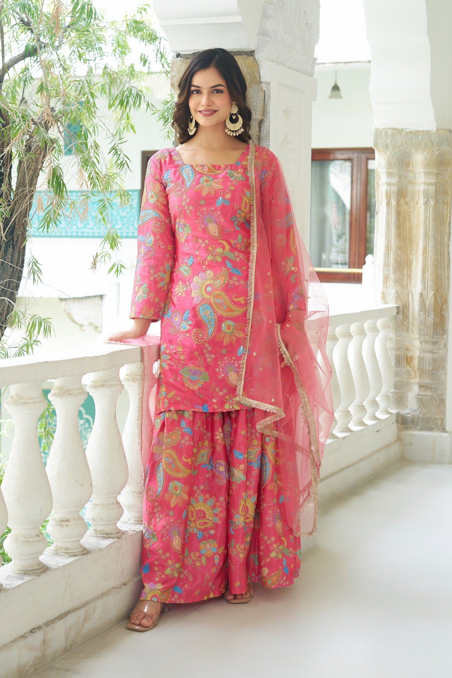 Teeya Creation Multi Color Chinnon Silk With Heavy Embroidery With Positiona Print Fully Stitched Sharara Suit - Distacart
