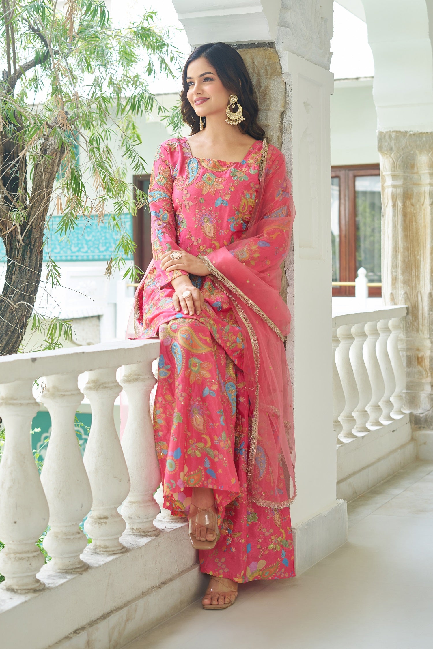Teeya Creation Multi Color Chinnon Silk With Heavy Embroidery With Positiona Print Fully Stitched Sharara Suit - Distacart
