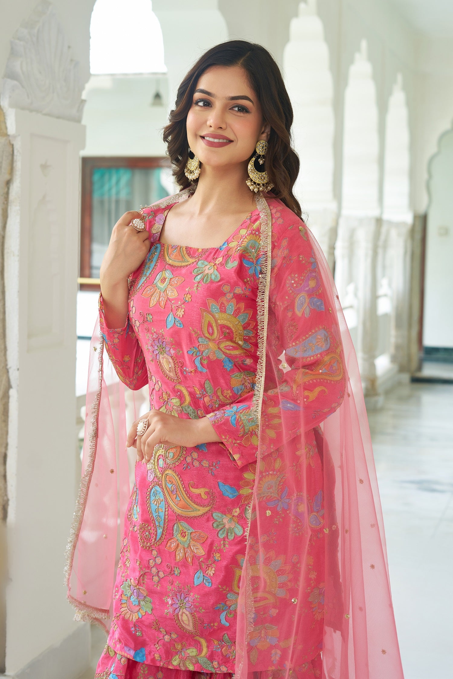 Teeya Creation Multi Color Chinnon Silk With Heavy Embroidery With Positiona Print Fully Stitched Sharara Suit - Distacart