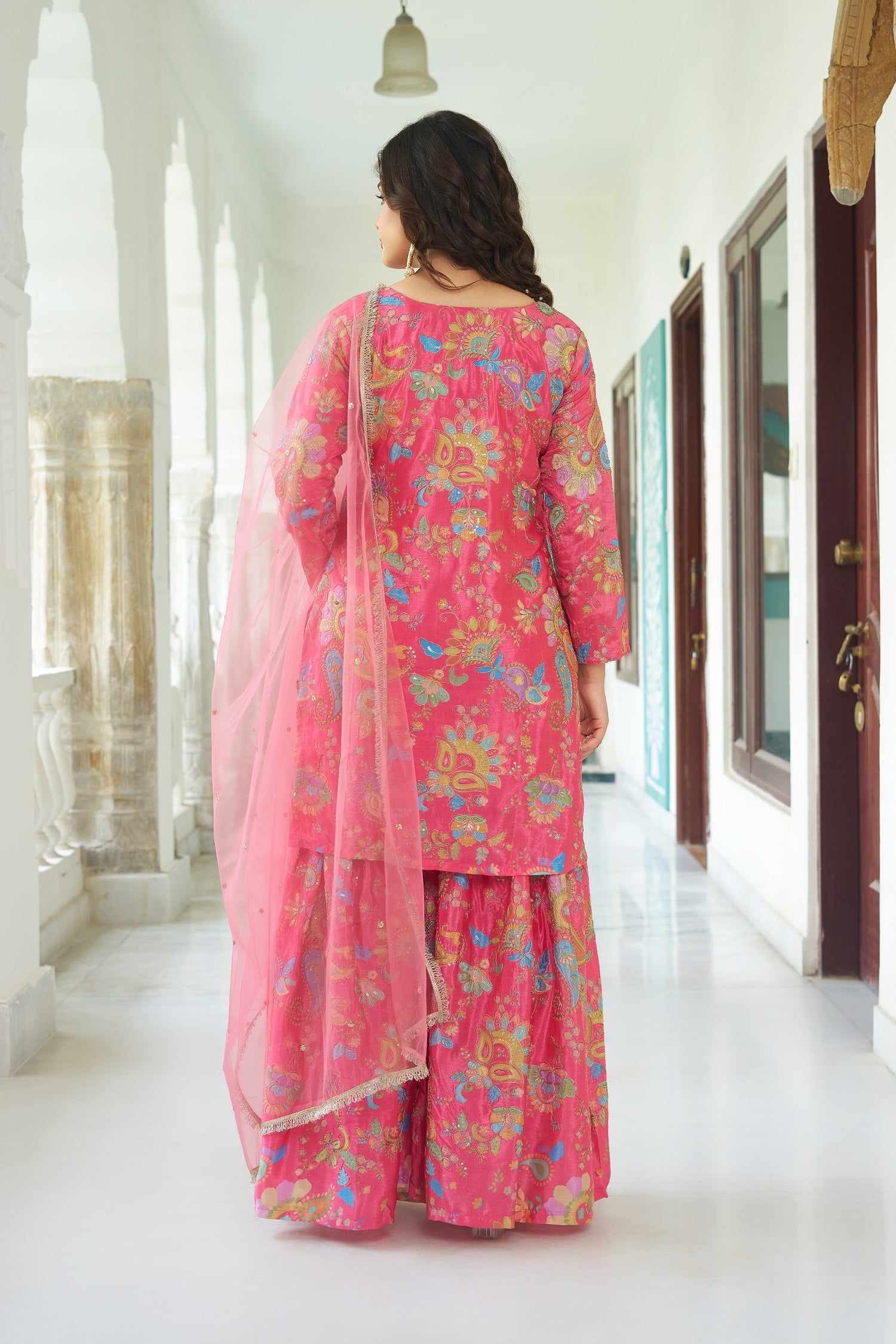 Teeya Creation Multi Color Chinnon Silk With Heavy Embroidery With Positiona Print Fully Stitched Sharara Suit - Distacart