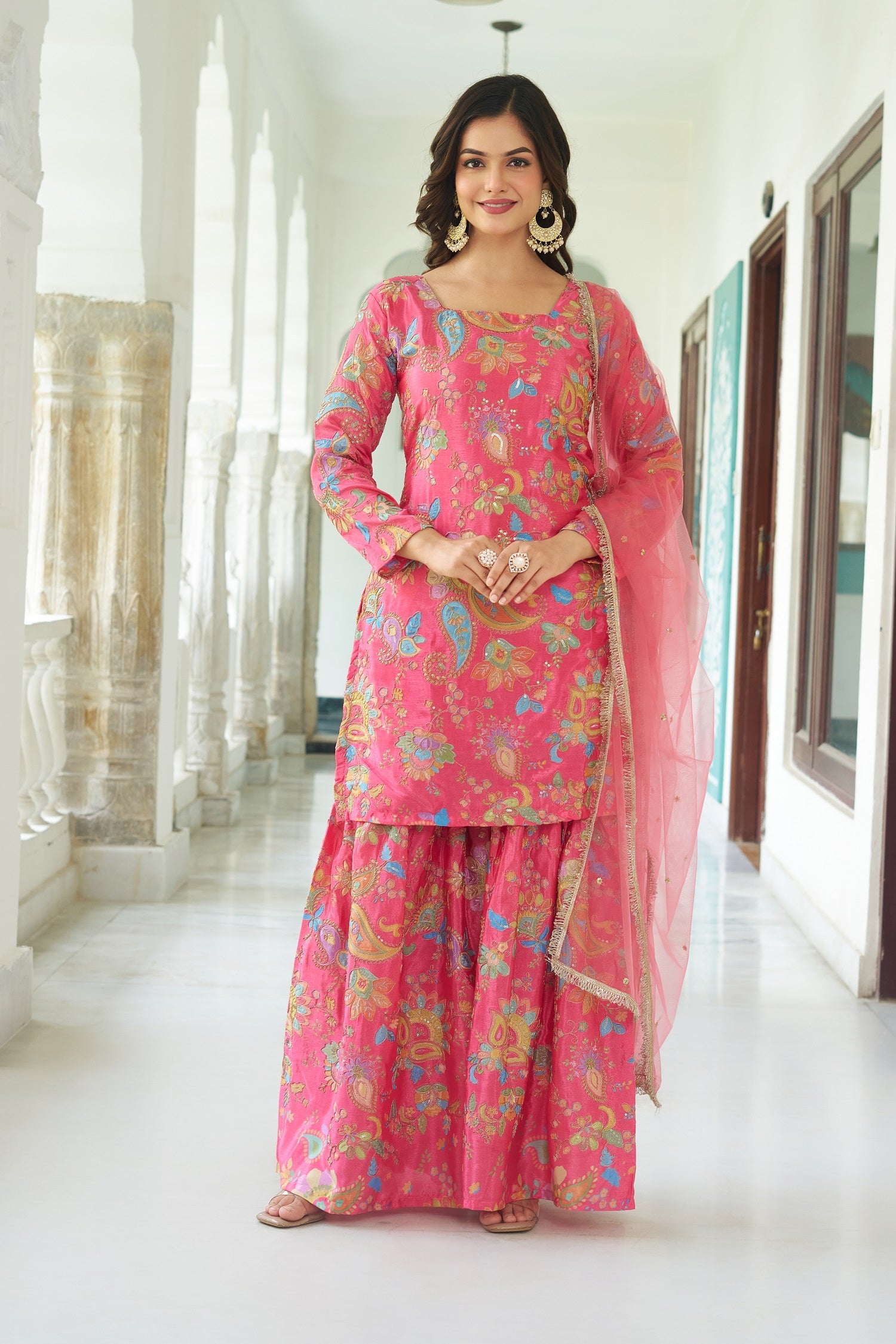 Teeya Creation Multi Color Chinnon Silk With Heavy Embroidery With Positiona Print Fully Stitched Sharara Suit - Distacart