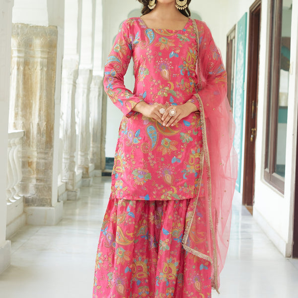 Teeya Creation Multi Color Chinnon Silk With Heavy Embroidery With Positiona Print Fully Stitched Sharara Suit - Distacart