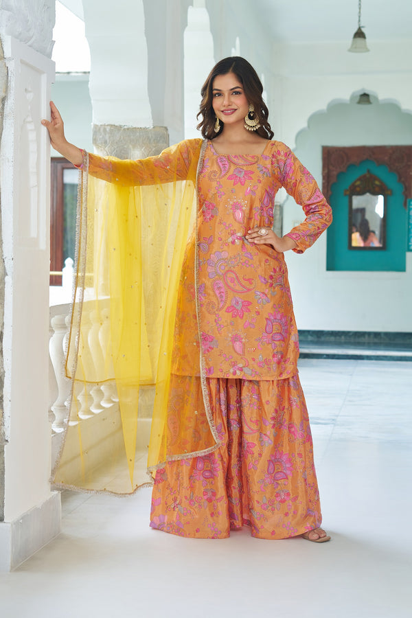 Teeya Creation Multi Color Chinnon Silk With Heavy Embroidery With Positiona Print Fully Stitched Sharara Suit