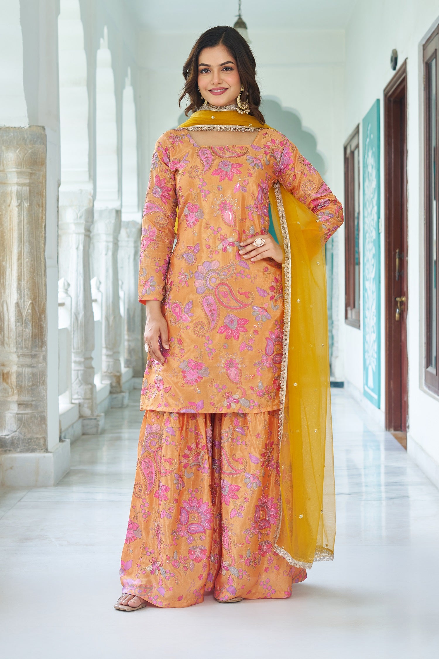 Teeya Creation Multi Color Chinnon Silk With Heavy Embroidery With Positiona Print Fully Stitched Sharara Suit - Distacart