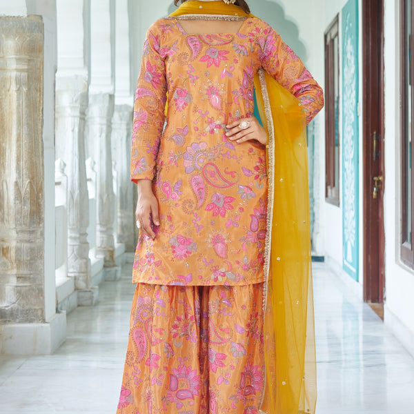 Teeya Creation Multi Color Chinnon Silk With Heavy Embroidery With Positiona Print Fully Stitched Sharara Suit - Distacart