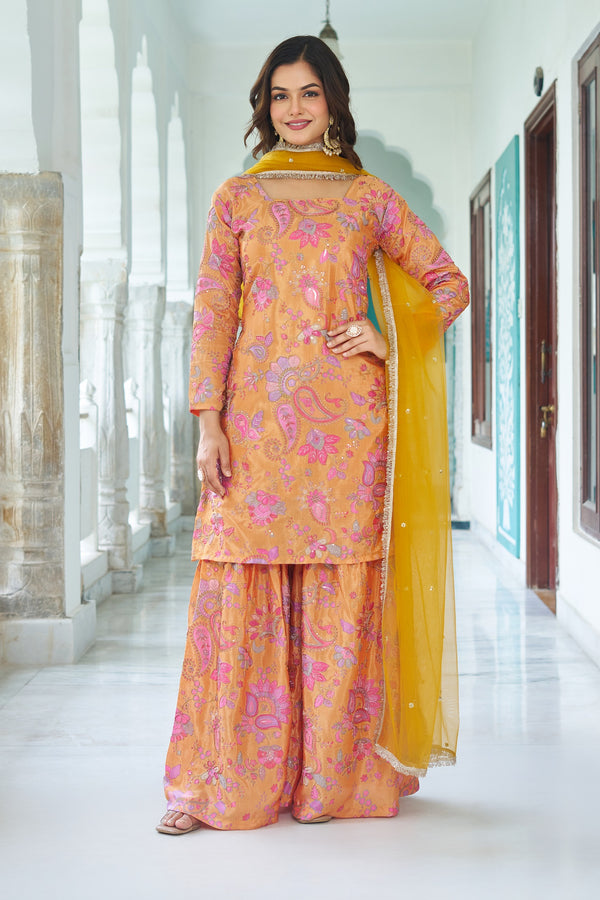 Teeya Creation Multi Color Chinnon Silk With Heavy Embroidery With Positiona Print Fully Stitched Sharara Suit