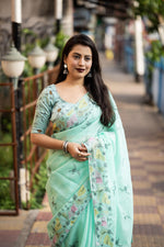 Thumbnail for Seagreen Pure Linen Ethnic Motifs Saree with Unstitched Blouse - A2M
