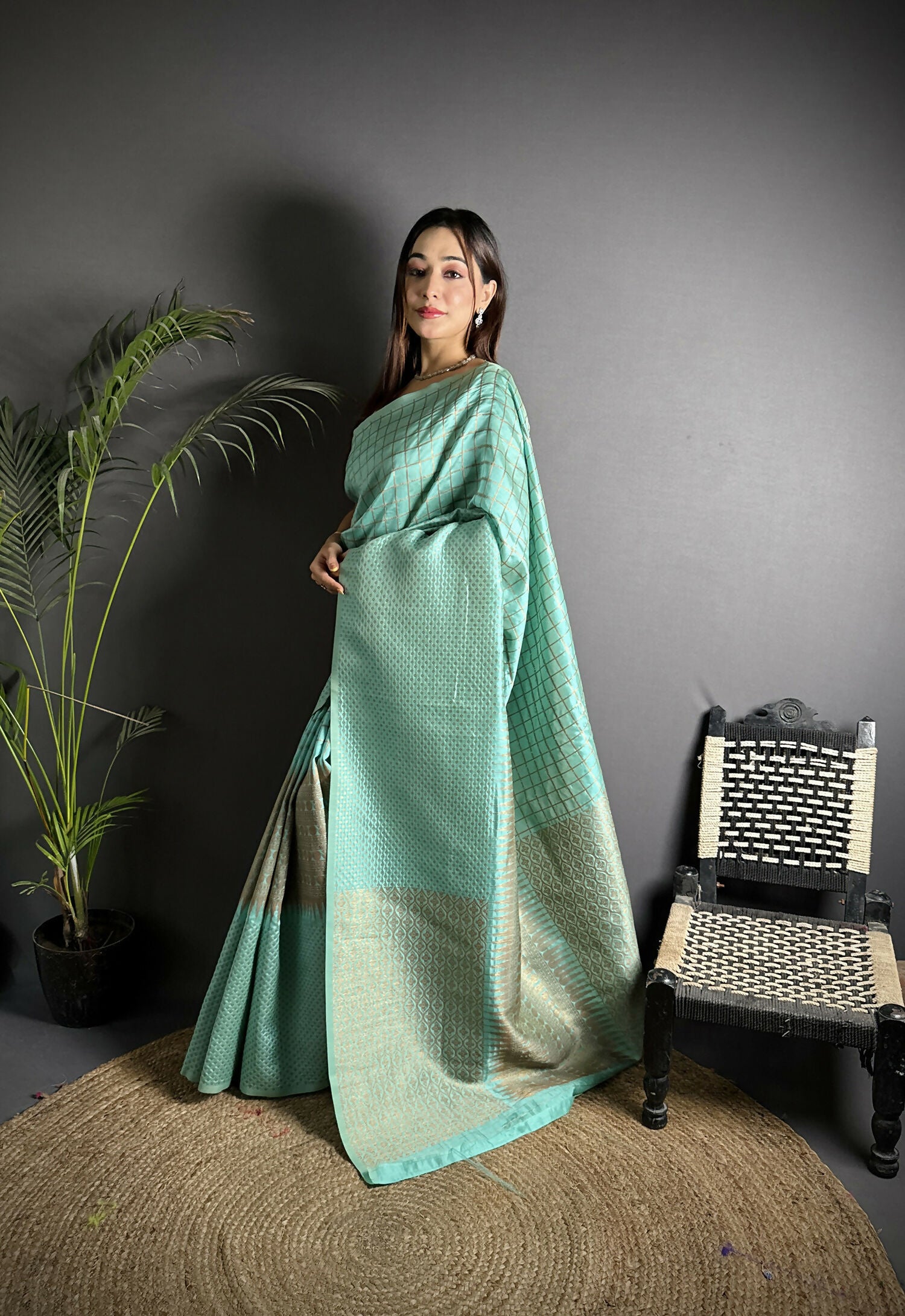 Joban Fashion Light Blue Banarasi Soft Lichi Silk Checks & Woven Saree