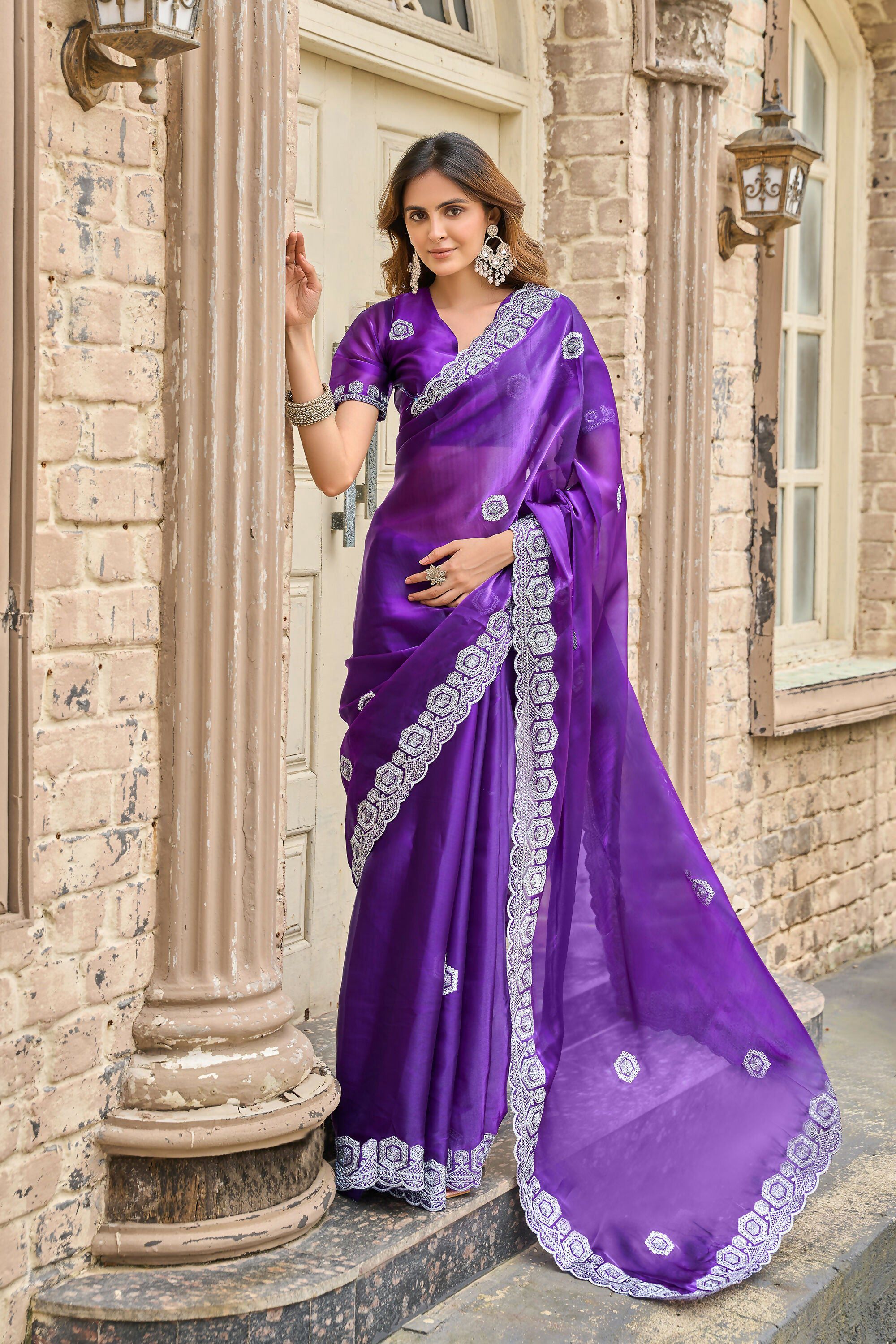 Vastranavya Purple-Blue Embroidery Work Shimmer Chiffon Saree with Unstitched Blouse