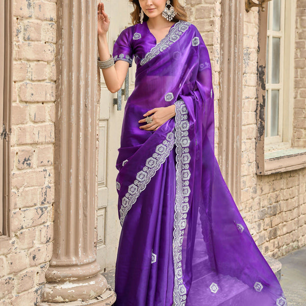 Vastranavya Purple-Blue Embroidery Work Shimmer Chiffon Saree with Unstitched Blouse