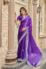 Thumbnail for Vastranavya Purple-Blue Embroidery Work Shimmer Chiffon Saree with Unstitched Blouse