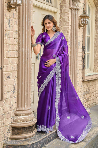 Vastranavya Purple-Blue Embroidery Work Shimmer Chiffon Saree with Unstitched Blouse